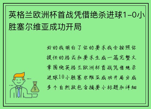 英格兰欧洲杯首战凭借绝杀进球1-0小胜塞尔维亚成功开局 英格兰欧洲杯首战凭借绝杀进球1-0小胜塞尔维亚成功开局